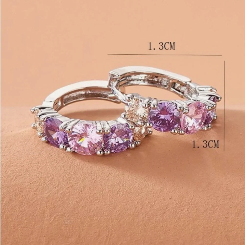 Pink Purple Crystal Gemstone Silver Hoop Earrings